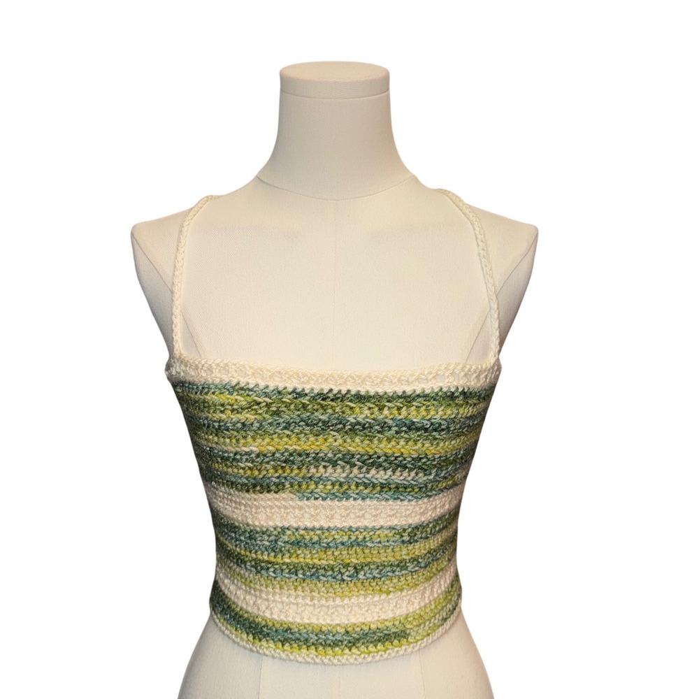 Handmade Crochet Crop Top Women S/M Green Cream Excellent Open Back Festival Y2K